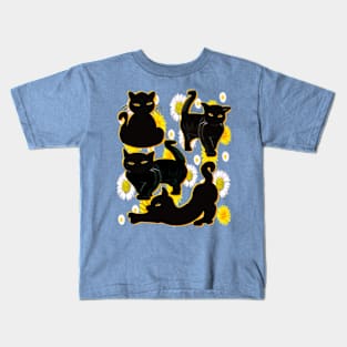 Cat silhouette on top of wildflowers feelings pattern black cats  among dandelions And daisies floral bright flowers Kids T-Shirt